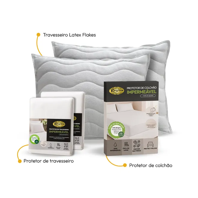 Kit Travesseiro Látex Flakes Com Protetor de Colchão