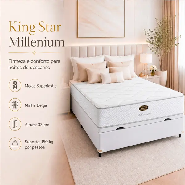 Cama Box Baú + Colchão King Star Firme Molas Ensacadas Millenium