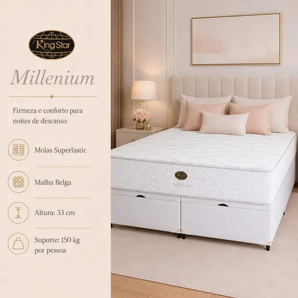 Cama Box Baú + Colchão King Star Firme Molas Ensacadas Millenium