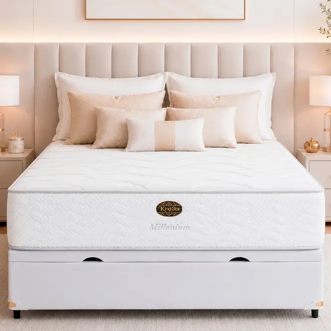 Cama Box Baú + Colchão King Star Firme Molas Ensacadas Millenium