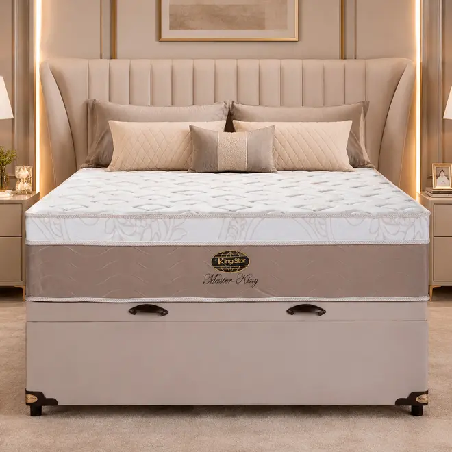 Conjunto Cama Box Baú King Star Master King Gold — Colchão Molas Ensacadas + Base Baú, Intermediário — 30 Noites + 2 Anos de Garantia
