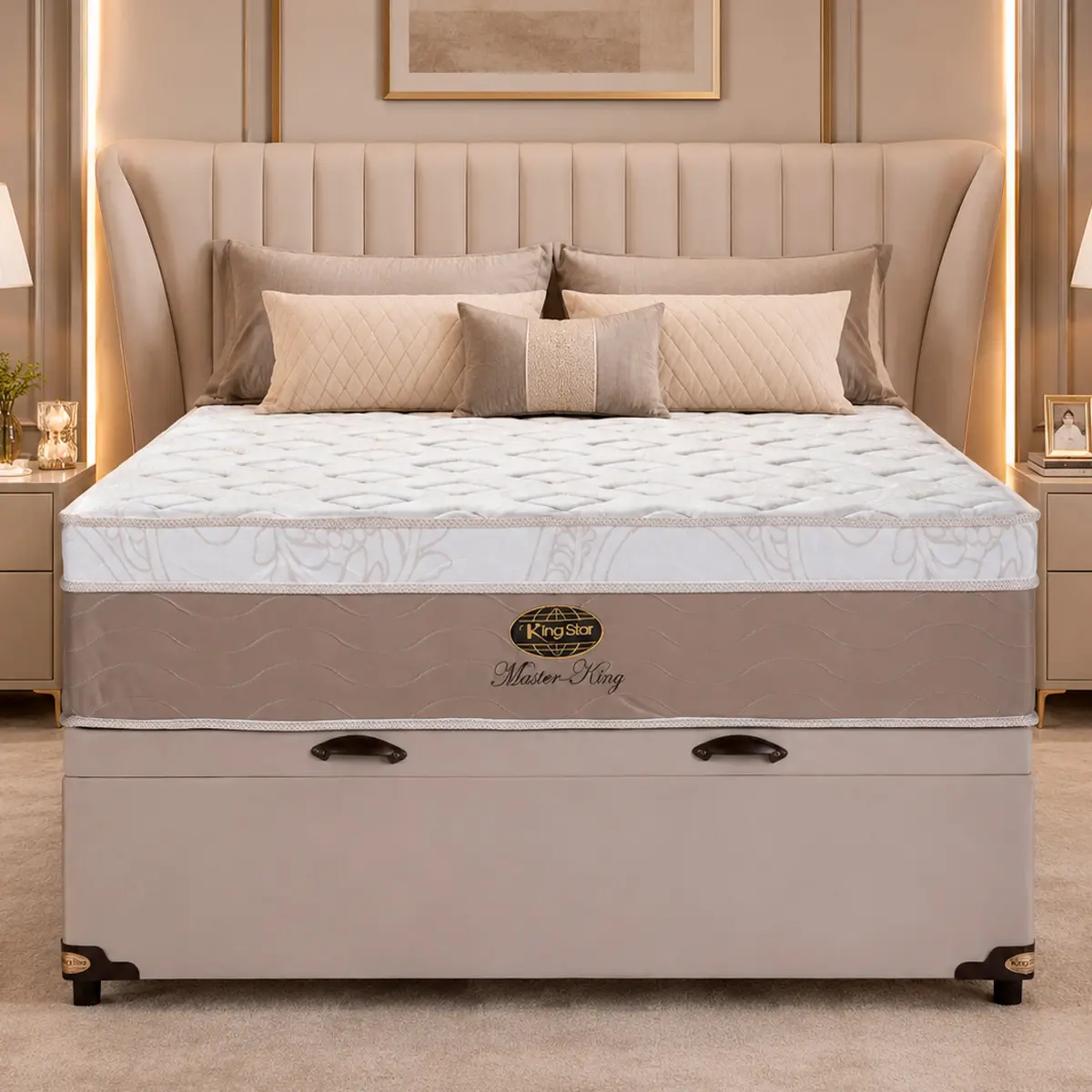 Conjunto Cama Box Baú King Star Master King Gold — Colchão Molas Ensacadas + Base Baú, Intermediário — 30 Noites + 2 Anos de Garantia