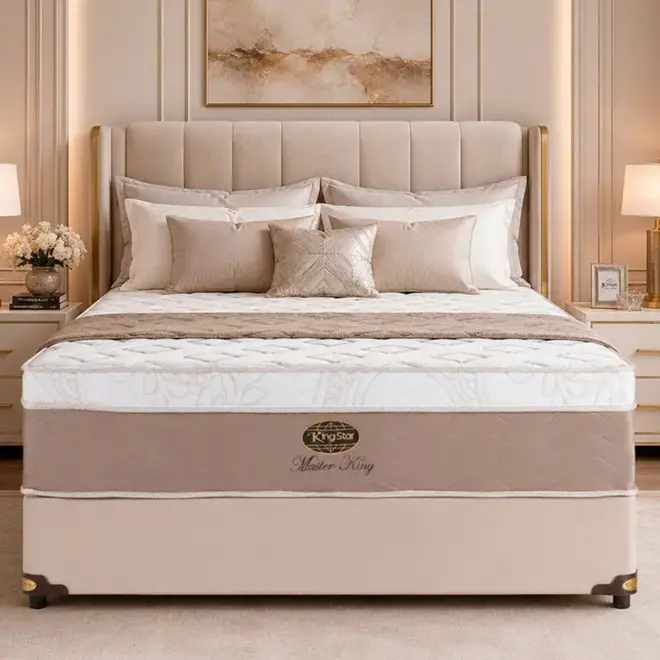 Conjunto Cama Box King Star Master King Gold — Colchão Molas Ensacadas + Base Box, Intermediário — 30 Noites + 2 Anos de Garantia