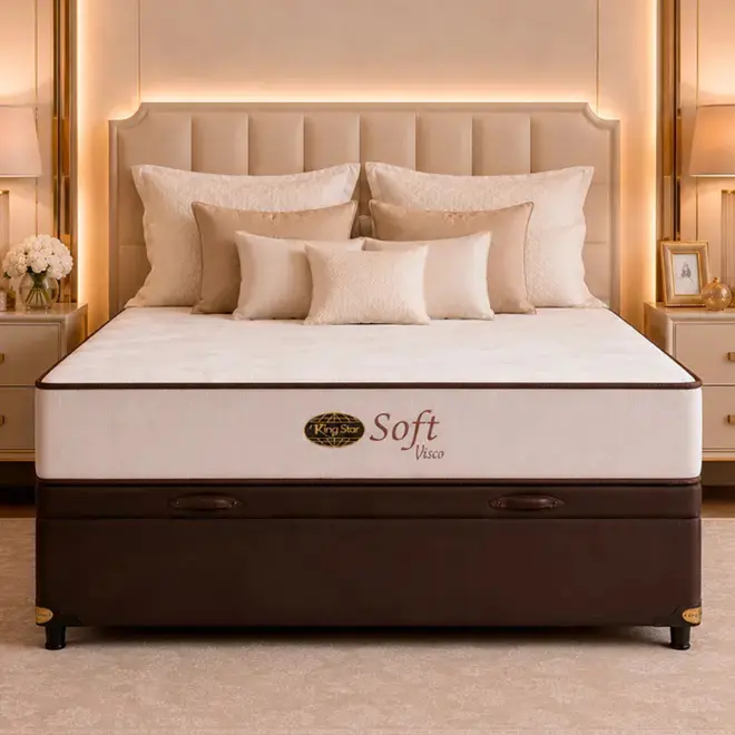 Conjunto Cama Box Baú King Star Soft Visco — Colchão Molas Ensacadas + Base Box Baú, Macio — 30 Noites + 2 Anos de Garantia