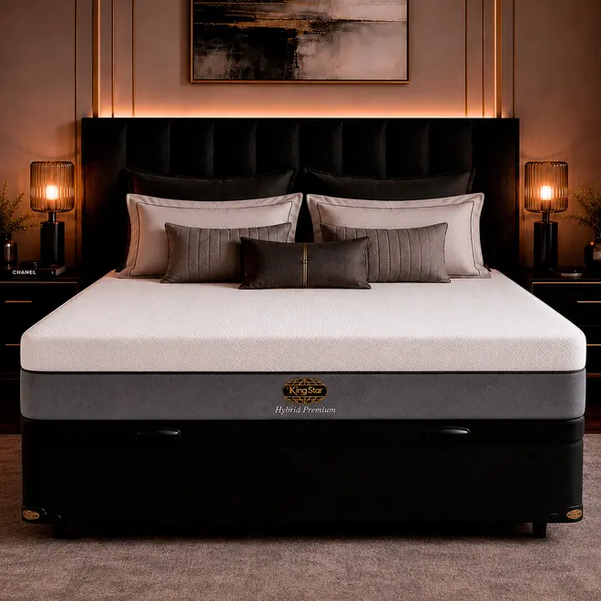 Conjunto Cama Box Baú King Star Hybrid Premium — Colchão Molas Ensacadas na Caixa + Base Baú, Macio — 120 Noites + 12 Anos de Garantia