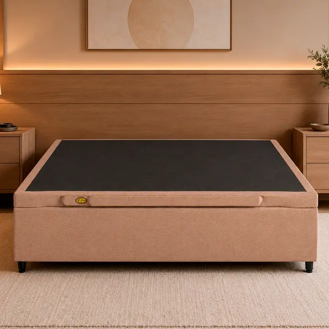 Base Cama Baú Abertura Frontal King Star Premium Linho Bege