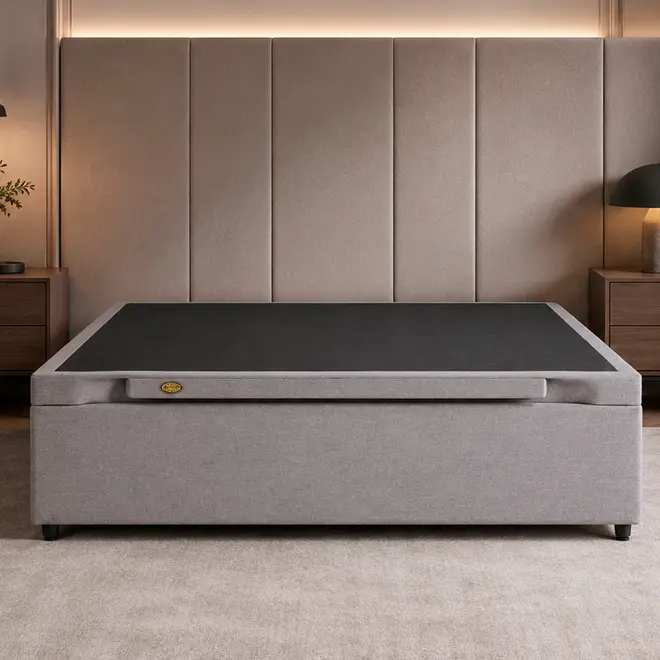 Base Cama Baú Abertura Frontal King Star Premium Linho Cinza