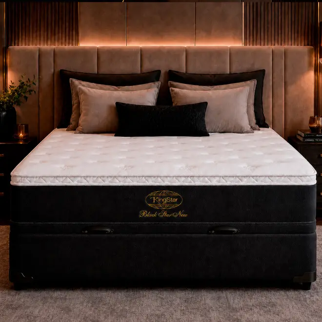 Conjunto Cama Box Baú King Star Black Star New — Colchão Molas Ensacadas + Base Baú, Firme — 30 Noites + 1 Ano de Garantia