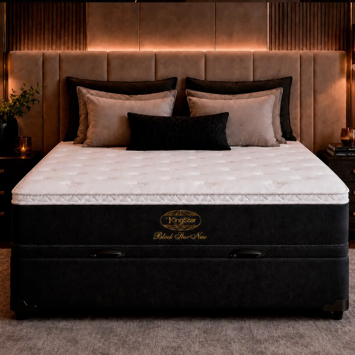 Conjunto Cama Box Baú King Star Black Star New — Colchão Molas Ensacadas + Base Baú, Firme — 30 Noites + 1 Ano de Garantia