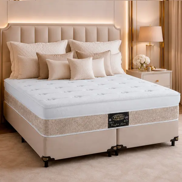 Conjunto Cama Box King Star Comfort Latex — Colchão Molas Ensacadas + Base Box — 30 Noites + 1 Ano de Garantia
