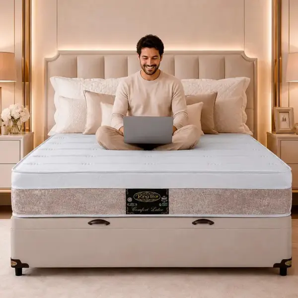 Conjunto Cama Box Baú King Star Comfort Latex — Colchão Molas Ensacadas + Base Box Baú — 30 Noites + 1 Ano de Garantia