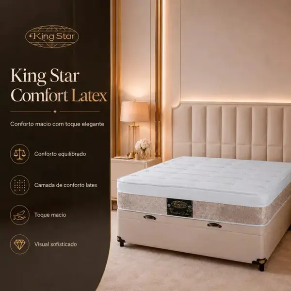 Conjunto Cama Box Baú King Star Comfort Latex — Colchão Molas Ensacadas + Base Box Baú — 30 Noites + 1 Ano de Garantia