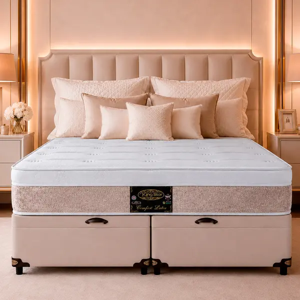 Conjunto Cama Box Baú King Star Comfort Latex — Colchão Molas Ensacadas + Base Box Baú — 30 Noites + 1 Ano de Garantia