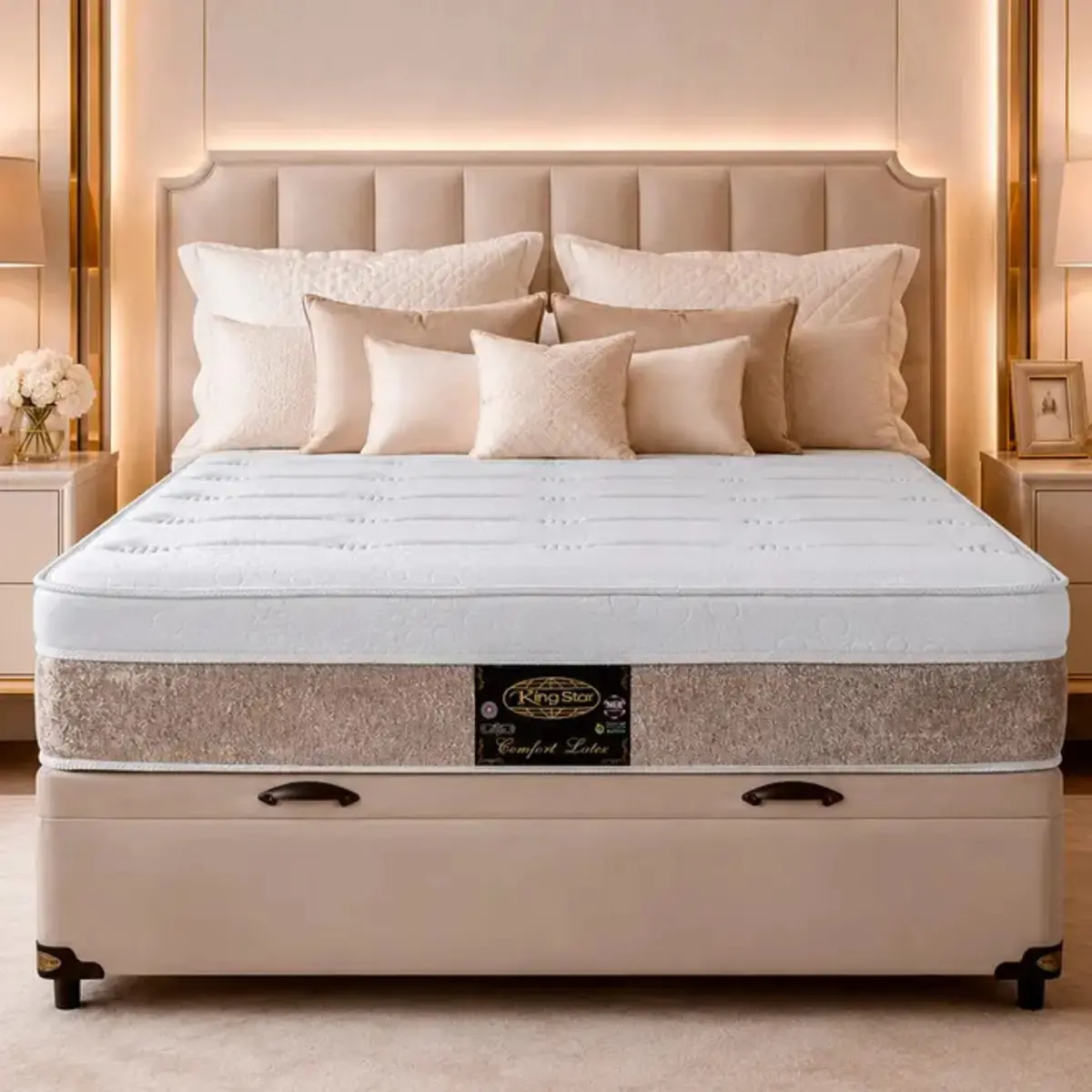 Conjunto Cama Box Baú King Star Comfort Latex — Colchão Molas Ensacadas + Base Box Baú — 30 Noites + 1 Ano de Garantia