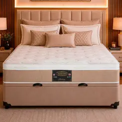 Conjunto Cama Box Baú King Star Fashion New — Colchão Molas Bonnel + Base Baú, Conforto Intermediário — 30 Noites + 1 Ano de Garantia
