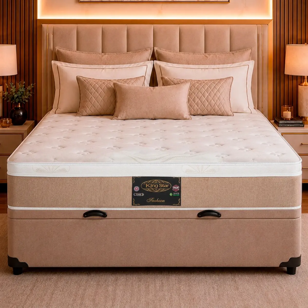 Conjunto Cama Box Baú King Star Fashion New — Colchão Molas Bonnel + Base Baú, Conforto Intermediário — 30 Noites + 1 Ano de Garantia
