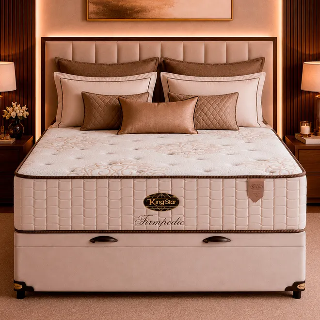 Conjunto Cama Box Baú King Star Firmpedic — Colchão Molas Ensacadas + Base Box Baú, Firme — 30 Noites + 1 Ano de Garantia