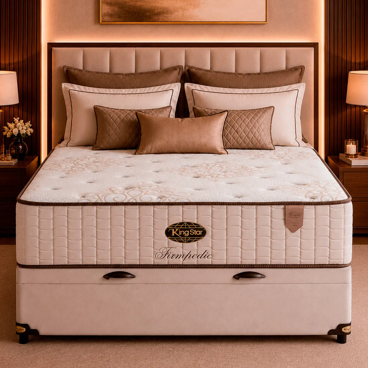 Conjunto Cama Box Baú King Star Firmpedic — Colchão Molas Ensacadas + Base Box Baú, Firme — 30 Noites + 1 Ano de Garantia
