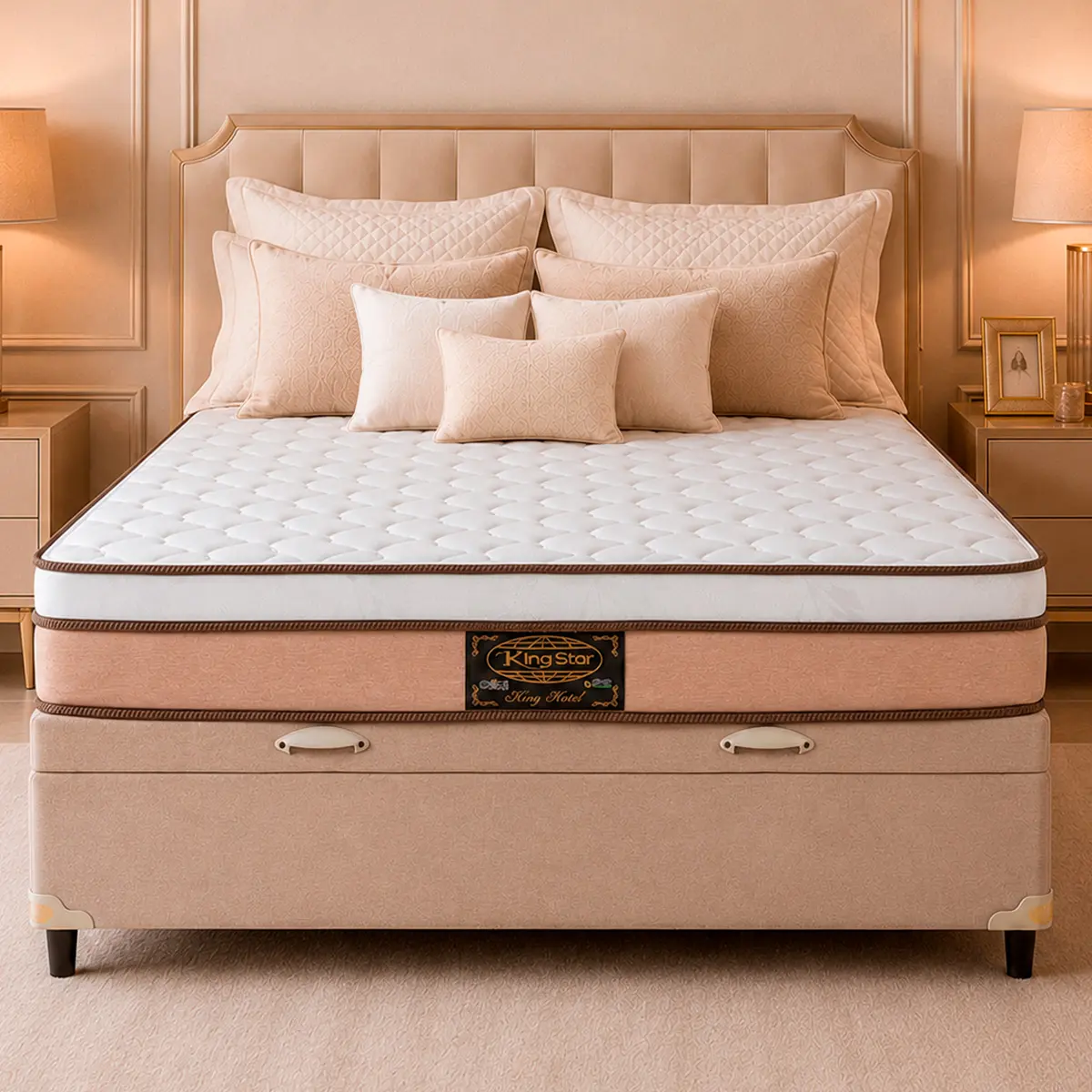 Conjunto Cama Box Baú King Star King Hotel — Colchão Molas Ensacadas + Base Box Baú, Intermediário — 30 Noites + 1 Ano de Garantia
