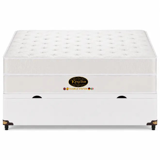 Conjunto Cama Box Baú King Star New Double System — Colchão Molas Ensacadas e Mini Molas + Base Box Baú, Firme — 30 Noites + 3 Anos de Garantia