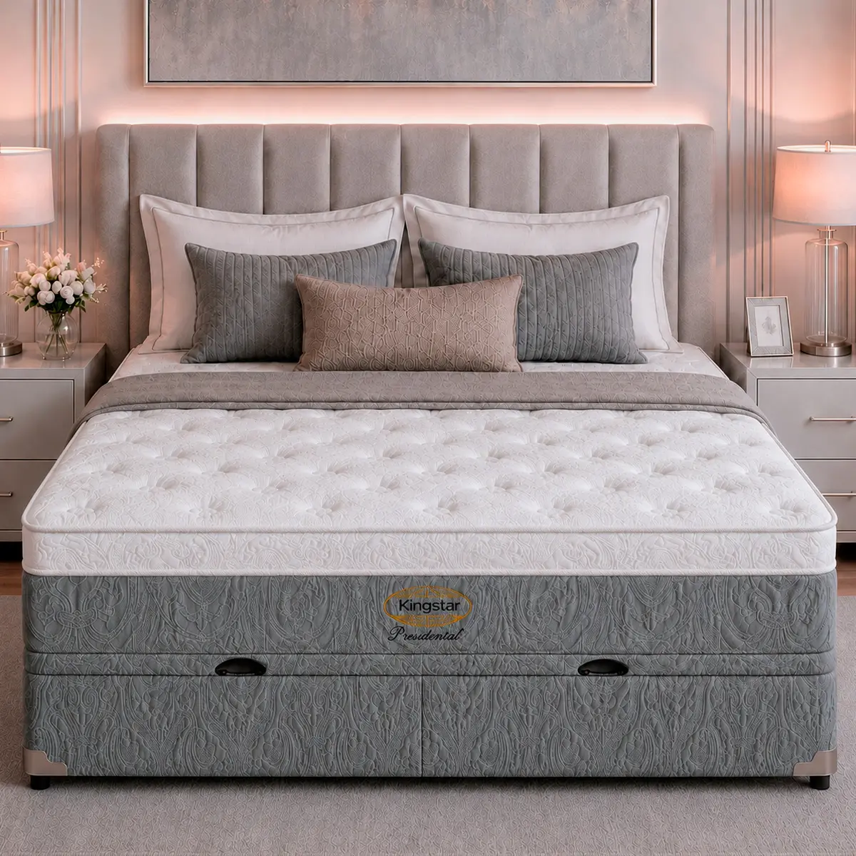Cama Box Baú  + Colchão King Star Firme Molas Ensacadas Presidencial
