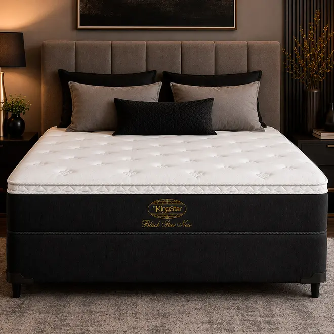 Conjunto Cama Box King Star Black Star New — Colchão Molas Ensacadas + Base Box, Firme — 30 Noites + 1 Ano de Garantia