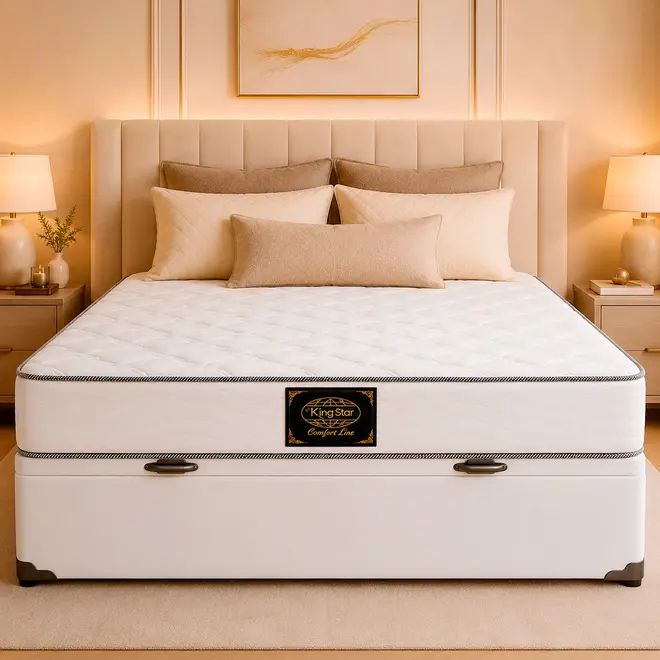 Conjunto Cama Box Baú King Star Comfort Line — Colchão Molas Ensacadas + Base Baú, Macio — 30 Noites + 1 Ano de Garantia