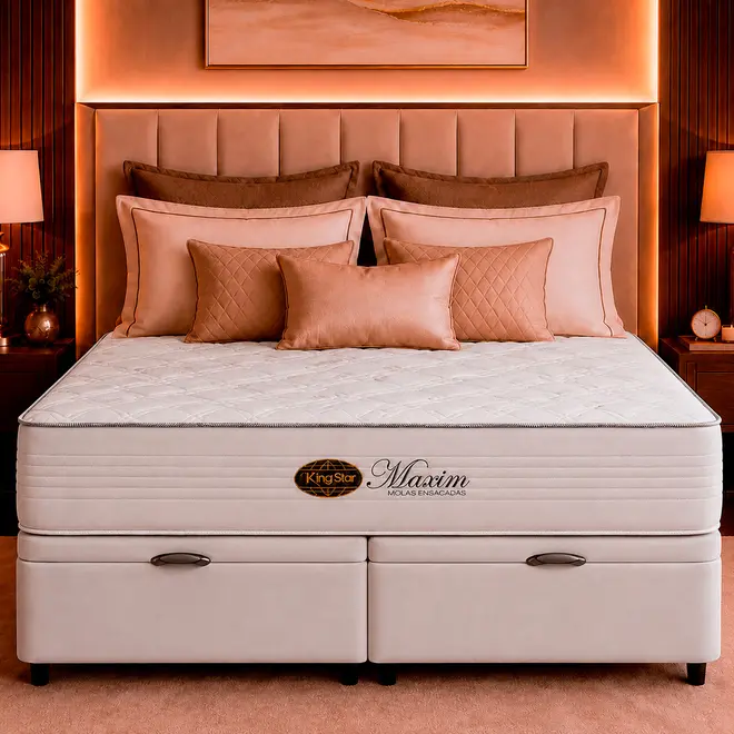 Conjunto Cama Box Baú King Star Maxim — Colchão Molas Ensacadas + Base Baú, Conforto Intermediário — 30 Noites + 2 Anos de Garantia