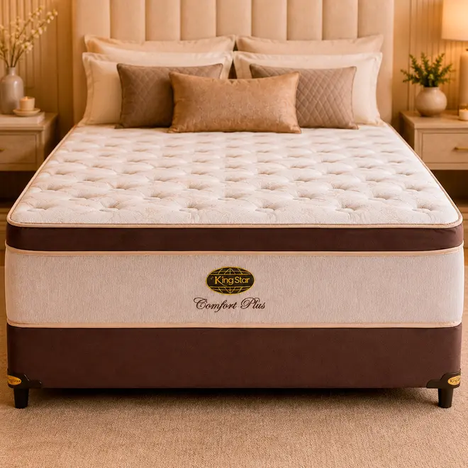 Conjunto Cama Box King Star Comfort Plus — Colchão Molas Ensacadas + Base Box, Extra Macio — 30 Noites + 2 Anos de Garantia