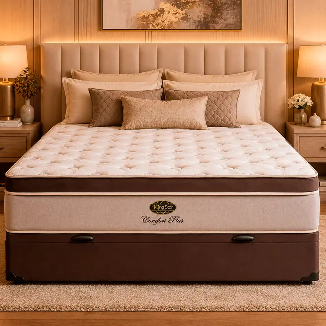 Conjunto Cama Box Baú King Star Comfort Plus — Colchão Molas Ensacadas + Base Baú, Extra Macio — 30 Noites + 2 Anos de Garantia