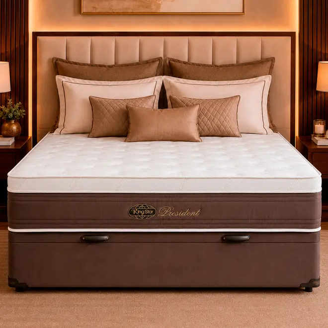 Conjunto Cama Box Baú King Star President — Colchão Molas Ensacadas + Base Baú, Firme — 30 Noites + 3 Anos de Garantia