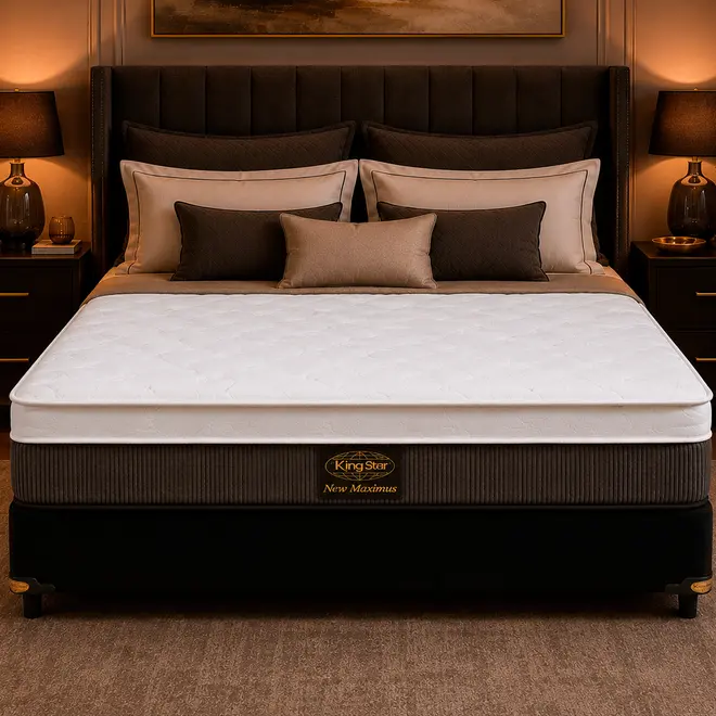 Conjunto Cama Box King Star New Maximus — Colchão Molas Ensacadas + Base Box, Conforto Intermediário — 30 Noites + 2 Anos de Garantia