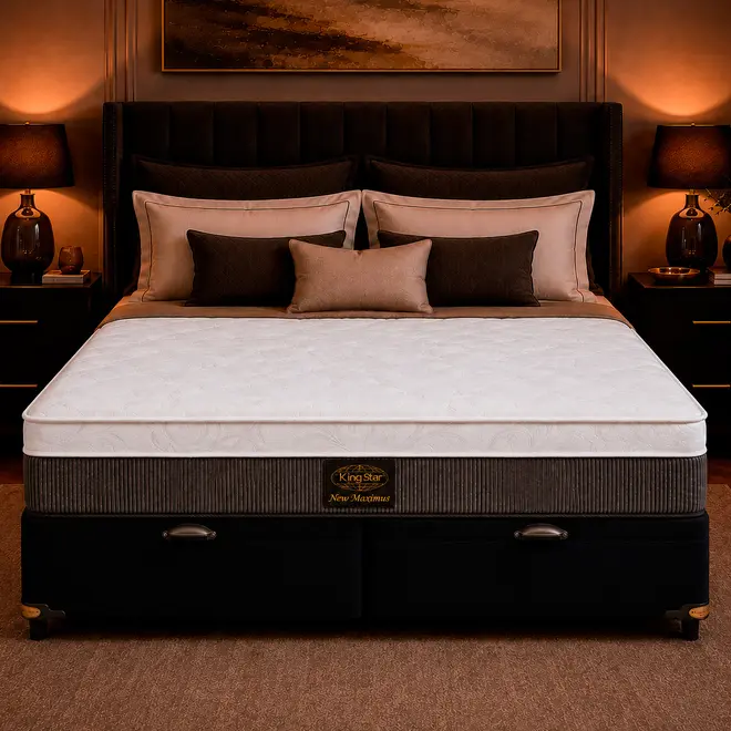 Conjunto Cama Box Baú King Star New Maximus — Colchão Molas Ensacadas + Base Baú, Conforto Intermediário — 30 Noites + 2 Anos de Garantia