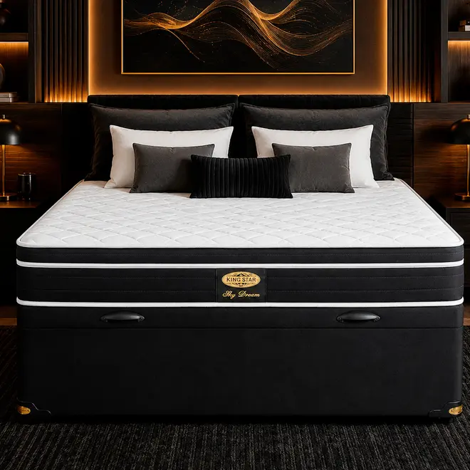 Conjunto Cama Box Baú King Star Sky Dream Plus — Colchão Molas Ensacadas + Base Baú, Firme — 30 Noites + 1 Ano de Garantia